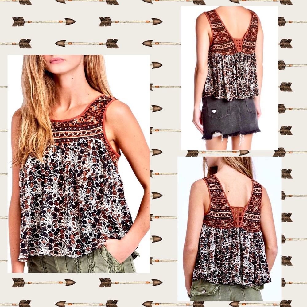 Free People Rust Brown Floral Crochet-Trim Tank